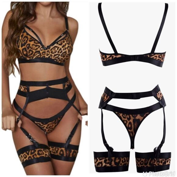Lingerie with Garter Set High Waist Bra And Panty High Leopard Print Strappy Set - Picture 1 of 14